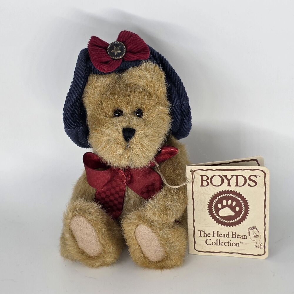 Boyds Bears The Head Bean Collection Edith Glory Bear Blue Hat Red Bow 6”